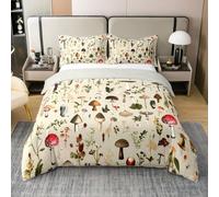 Homemissing Cute Mushroom Bedding Set Super King Size Kids Cartoon Mushrooms Duvet Cover for Boys Girls Teens Natural Wild Fungus Floral Botanic Khaki Duvet Cover 100% Cotton Room Decor