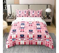 Homemissing Cute Nutcracker Duvet Cover 100% Cotton King Size Boys Girls Pink Christmas Ornaments Bedding Set Soft Xmas Snowflake Comforter Cover 3Pcs Soldier Bedroom Decor Kawaii