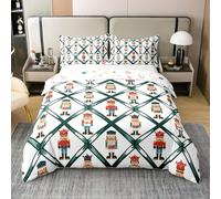 Homemissing Cute Nutcracker Duvet Cover 100% Cotton Super King Size Green Lattice Pattern Comforter Cover for Boys Girls Colorful Bedding Set 3Pcs Funny Soldier Room Decor Kawaii Soft