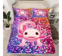 Homemissing Cute Pink Axolotl Fitted Sheet with 2 Pillowcases Double Size Cartoon Salamander Bed Sheets Set 16" Deep Pocket Boys Girls Kawaii Ocean Sealife Bedding Best Axolotl Gifts Colored Sequins