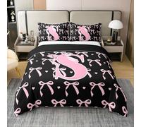 Homemissing Cute Pink Bow Kids Bedding Set King Size,Boys Girls Initial Letter S Duvet Cover 100% Cotton,Cute Coquette Bow Knot Comforter Cover Set,Personalized Letter S Bedspread Cover,No Comforter