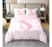 Homemissing Cute Pink Bow Kids Bedding Set Super King Size,Boys Girls Personalized Letter S Duvet Cover 100% Cotton,Cute Coquette Bow Knot Soft Comforter Cover Set,Initial Letter S Bedspread Cover