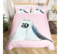 Homemissing Cute Pink Ghost Duvet Cover Super Super King Size Kids Halloween Theme Bedding Set for Boys Girls Teens Trick or Treat Romantic Couple Flowers Duvet Cover Room Decor