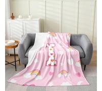 Homemissing Cute Pink Rainbow Flannel Fleece Throw Blanket Star Moon Print Fuzzy Blanket Personalized Letter I All Season Plush Soft Colorful Love Heart Single 50x60Inch for Sofa Couch