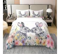 Homemissing Cute Rabbit Bedding Set Single Size Kids Easter Theme Comforter Cover Set for Boys Girls Teens Couple Bunnies 100% Cotton Duvet Cover Cartoon Bunny Floral Print Bedspread Cover Room Decor