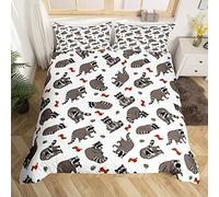 Homemissing Cute Raccoons Comforter Cover Set Cartoon Raccoon Duvet Cover Set for Kids Boys Girls Lovely Apples Leaves Bedding Set Grey Animal Quilt Cover 3Pcs Bedding King