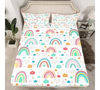 Homemissing Cute Rainbow Bedding Double Kids Lovely Kids Rainbows Bed Sheets Set 16" Deep Pocket for Boys Girls Multicolor Fitted Sheet with 2 Pillowcases Breathable Soft Microfiber Flower Decor