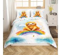 Homemissing Cute Rainbow Sloth Comforter Cover Set Animal Sloth Bedding Set King Size for Kids Boys Girls Bedroom Bed Decor Cartoon Sloth Duvet Cover Rainbow Bedspread Cover,No Comforter