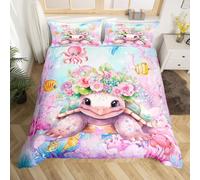 Homemissing Cute Sea Turtle Bedding Set Double Size Kids Ocean Animal Comforter Cover Set for Boys Girls Teens Flower Floral Print Duvet Cover Reptile Tortoise Bedspread Cover Room Decor Quilt Cover