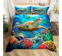 Homemissing Cute Sea Turtle Bedding Set Ocean Duvet Cover Set Single Size Reptile Tortoise Coastal Sea World Duvet Cover with 1 Pillowcase Bedroom Decor Marine Life Bedding Collection 3Pcs