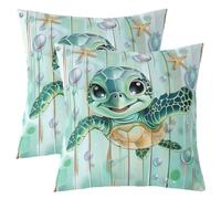 Homemissing Cute Sea Turtle Throw Pillow Covers Set of 2 Cartoon Ocean Square Cushion Covers Starfish Pillow Case Wood Grain Print Cushion Case for Couch Sofa Underwater Theme Bedroom Decor 60x60cm