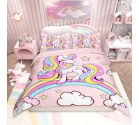 Homemissing Cute Unicorn Duvet Cover Set Single Size For Kids Girls Children Multicolor Rainbow Bedding Set Dreamy Princess Style Duvet Cover with 1 Pillowcase Colorful Stripes
