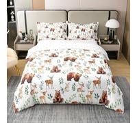 Homemissing Cute Woodland Bear Deer Duvet Cover 100% Cotton Single Lovely Animal Wildlife Bedding Set Breathable Soft Brown Bear Deer Comforter Cover 2Pcs Woodland Theme Rabbit Forest Animal Print