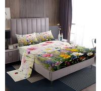 Homemissing Daisy Bed Sheet Set Single Size For Adults Kids Girls Women Blossom Flowers Bedding Set Botanical Floral Printed Sheet with Deep Pocket Fitted Sheet+1 Pillowcase Natural Theme Sheet Set