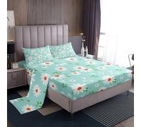 Homemissing Daisy Bed Sheets Set King Size Botanical Floral Printed Bed Set for Kids Boys Girls Garden Plants Design Deep Pocket Fitted Sheet Blue Breathable Soft Lightweight Microfiber