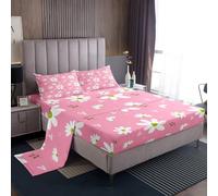 Homemissing Daisy Bed Sheets Set King Size Botanical Floral Printed Deep Pocket Fitted Sheet Blossom Flowers Pattern Bedding Sets Pink Soft Bed Set 4Pcs with 2 Pillow Cases