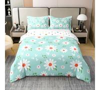 Homemissing Daisy Duvet Cover 100% Cotton Single Size Kids Botanical Floral Printed Bedding Set Breathable Soft Garden Plants Design Comforter Cover 2Pcs Blue Bedroom Decor Microfiber Zipper Closure