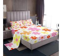 Homemissing Daisy Flower Bed Sheets Set Single Size Retro Floral Boho Bed Set for Kids Boys Girls Blossom Flowers Pattern Deep Pocket Fitted Sheet Breathable Soft Lightweight Microfiber