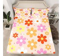Homemissing Daisy Flower Fitted Sheet Double Size for Kids Boys Girls Retro Floral Boho Bed Sheets Set 16" Deep Pocket Soft Breathable Blossom Flowers Pattern Bedding with 2 Pillowcases Room Decor