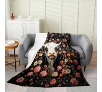 Homemissing Daisy Highland Cow Flannel Fleece Throw Blanket 40x50Inch For Kids Boys Girls Anime Highland Cattle Plush Sherpa Blanket Farmhouse Animal Bedroom Decor Botanical Floral Printed