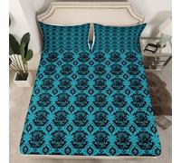 Homemissing Damask Floral Fitted Sheet with 2 Pillowcases Double Size Scrollwork Bed Sheets Set 16" Deep Pocket Boys Girls Teal Black Bedding Vintage Floral Bedroom Decor Breathable Soft Lightweight