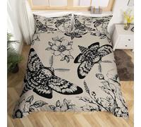 Homemissing Death Moth Bedding Set Super King Size Kids Skull Decor Duvet Cover for Boys Girls Teens Gothic Goth Skull Halloween Boho Moth Floral Khaki Black Duvet Cover Soft Room Decor 3Pcs