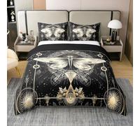 Homemissing Death Moth Duvet Cover 100% Cotton Kids Sun Moon Bedding Set King Size Goth Skull Halloween Boho Exotic Galaxy Comforter Cover for Men Room Decor Soft With 2 Pillow Case 3Pcs