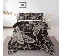 Homemissing Death Moth Duvet Set Double Size Kids Skull Decor Duvet Quilt for Boys Girls Teens Gothic Goth Skull Halloween Boho Moth Floral Khaki Brown Bedding Set Soft Lightweight Room Decor 3Pcs