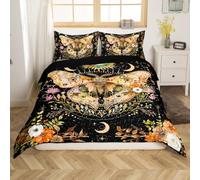 Homemissing Death Moth Print Bedding Set Boho Moth Comforter Cover Set Single Size Halloween Decorations Duvet Cover Bedroom Decor Sun Moon Bohemian Bedspread Cover Bedding Collection 2Pcs