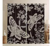 Homemissing Death Moth Window Drapes (2 Panels, W52*L63) Skull 30%-50% Blackout Shades Window Treatments Gothic Goth Skull Halloween Boho Moth Floral Khaki Brown Curtains Room Darkening Curtain