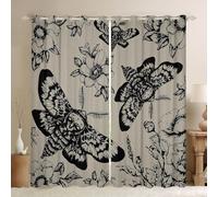 Homemissing Death Moth Window Drapes (2 Panels, W52*L63) Skull 30%-50% Blackout Shades Window Treatments Gothic Goth Skull Halloween Boho Moth Floral Khaki Black Curtains Room Darkening Curtain