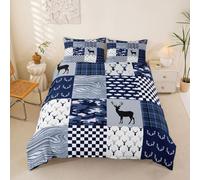 Homemissing Deer Antler Patchwork Duvet Cover Set King Size Camo Plaid Hunting Duvet Cover for Boys Girls Blue Bedding Set 3Pcs Checker Wave Fish Pattern Room Decor