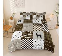 Homemissing Deer Antler Patchwork Duvet Cover Set Single Size Camo Plaid Hunting Bedding Set for Boys Girls Brown Duvet Cover Checker Wave Fish Pattern Bedroom Decor 2Pcs