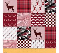 Homemissing Deer Antler Patchwork Fabric by The Yard Camo Plaid Hunting Upholstery Fabric for Chairs Red DIY Sewing Craft Projects Checker Wave Fish Pattern 10 Yards (L920*W150cm)