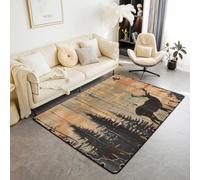 Homemissing Deer Hunting Living Room Rugs Area Rug 100 * 150cm Kids Western Farmhouse Woodland Birds Wild Animal Decor Carpet for Boys Girls Teens Retro Vintage Wood Plank Indoor Floor Mat Room Decor