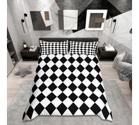 Homemissing Diamond Plaid Duvet Cover Set Double Size Buffalo Check Bedding Set for Women Men Boys Girls Vintage Black White Duvet Cover Bedroom Decor 3Pcs,Zipper Closure