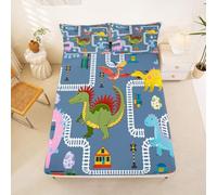 Homemissing Dinosaur Fitted Sheet with 2 Pillowcases King Size Vintage Train 16" Deep Pocket Fitted Sheet Boys Girls Cartoon Car Road Bedding Cartoon Dino Teens Bedroom Decor Wild Animal Breathable