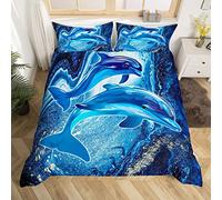 Homemissing Dolphin Bedding Set for Kids Boys Girls Blue Marble Comforter Cover Set Ocean Creature Duvet Cover BedBedroom Decor SeaLife Sea Animal White Blue Bedspread Cover Double With 2 Pillow Case