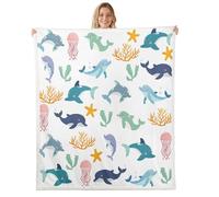 Homemissing Dolphin Print Fleece Throw Blanket Starfish Jellyfish Coral Pattern Sherpa Blanket for Kids Women Men Plush Fuzzy Ocean Theme Single 50x60Inch Cartoon Style Sea Creatures Bedroom Decor