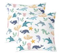 Homemissing Dolphin Print Throw Pillow Covers Set of 2 Starfish Jellyfish Coral Pattern Square Ocean Theme Pillow Case Cartoon Style Cushion Case for Couch Sofa Sea Creatures Bedroom Decor 40x40cm