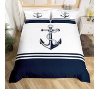 Homemissing Double Anchor Decoration Duvet Cover Soft Children's Navigation Decoration Theme Bedding Set Coastal Comforter Cover Set Ocean Adventure Navy Blue and White
