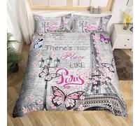 Homemissing Double Butterfly Eiffel Tower Bedding Set Cherry Blossoms Paris Tour Comforter Cover Set Children's Girls Valentine's Day Duvet Cover Rose Cherry Blossoms