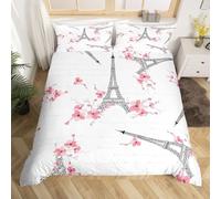 Homemissing Double Eiffel Tower Duvet Cover Set Paris Decoration Comforter Cover Set Flower Printing Bedding Set Pink Plant Decoration Comforter Cover Set Girls Adult