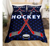 Homemissing Double Ice Hockey Bedding Set - Blue Star Ice Hockey Duvet Cover & Comforter Set - Game Breathable Winter Sports Set
