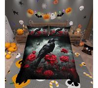 Homemissing Double Size Gothic Raven Bedding Set for Kids Boys Girls Goth Red Rose Comforter Cover Halloween Duvet Cover Bedroom Decor Soft Lightweight Microfiber 3Pcs(No Stuffing)