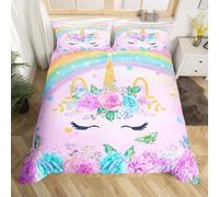 Homemissing Double Size Unicorn Bedding Set for Kids Girls Bedroom Decorations Teens 3D Purple Unicorn Rainbow Duvet Cover Ultra Soft and Fluffy Flower Comforter Cover