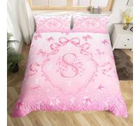 Homemissing Dreamy Bow Duvet Cover Super King Size Kawaii Pink Bowknot Bedding Set for Boys Girls Initial Letter S Comforter Cover Monogrammed Bedroom Decor 3Pcs Bow-tie