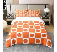 Homemissing Fall Duvet Cover 100% Cotton Pumpkin Bedding Set for Kids Room Decor Autumn Pastoral Season Theme Plaid Botanic Comforter Cover Set Super King Size Orange Bedspread Cover 3Pcs Zipper