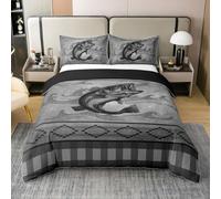 Homemissing Fish Bedding Set Double Size Kids Pike Fish Comforter Cover for Boys Girls Fishing and Hunting Duvet Cover 100% Cotton Breathable Soft Buffalo Check Grey Room Decor,no Comforter