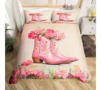 Homemissing Floral Cowgirl Boots Kids Bedding Set,Boys Girls Single Size,Western Aesthetic Duvet Cover,Pink Cowboy Boots Comforter Cover,Western Decor Bedclothes Bedroom Decor,Brown Pink
